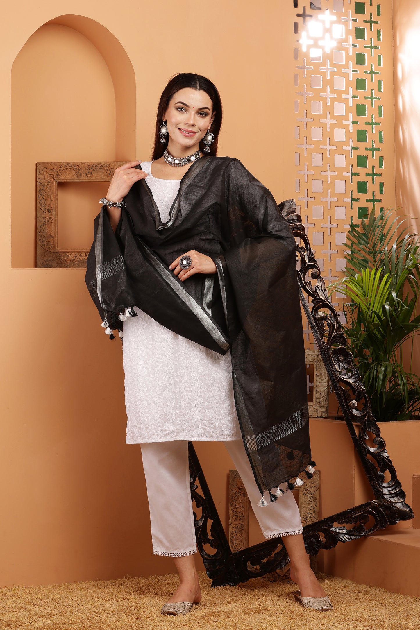 Dupatta -Cotton Slub Linen -Black