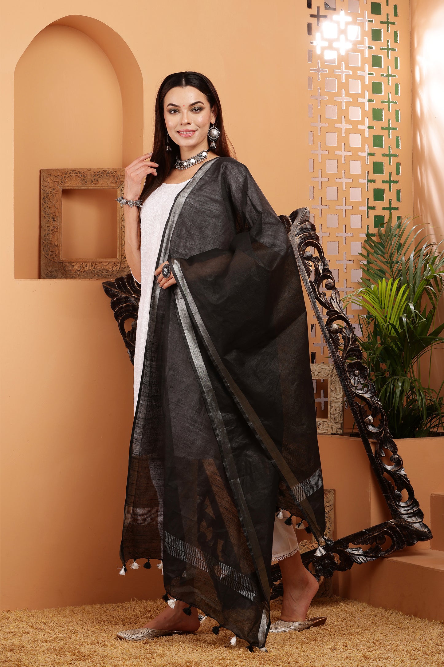 Dupatta -Cotton Slub Linen -Black