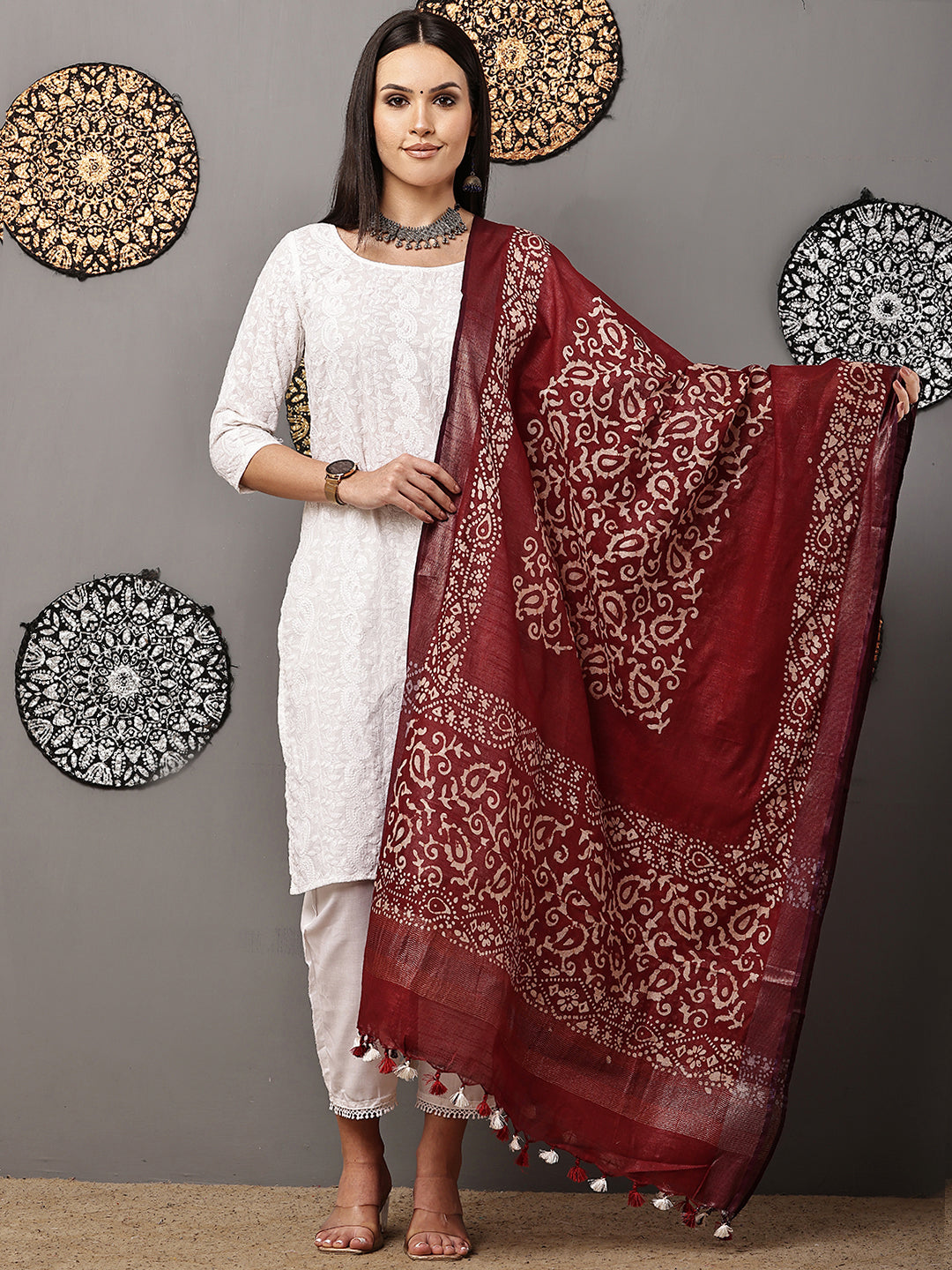 Dupatta-Cotton Batik - Brown + Purple