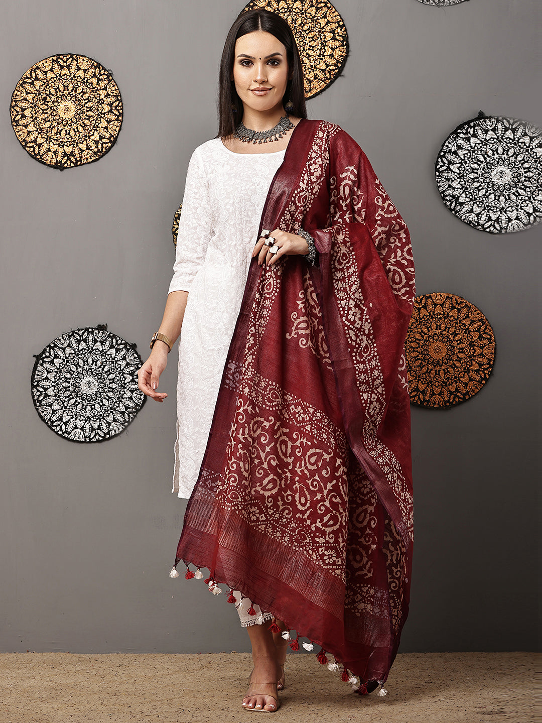 Dupatta-Cotton Batik - Brown + Purple