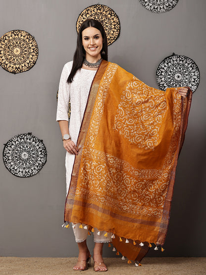 Dupatta-Cotton Batik -Mustard Yellow + Blue