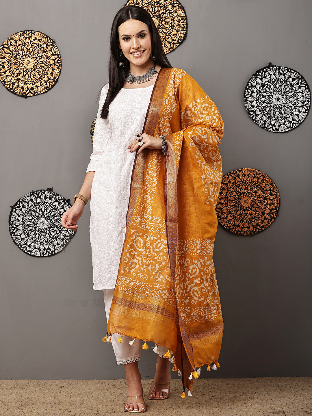 Dupatta-Cotton Batik -Mustard Yellow + Blue