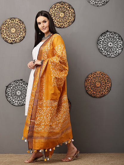Dupatta-Cotton Batik -Mustard Yellow + Blue