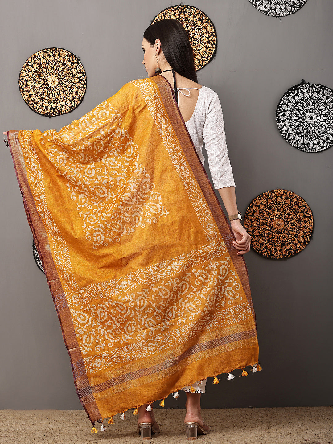Dupatta-Cotton Batik -Mustard Yellow + Blue