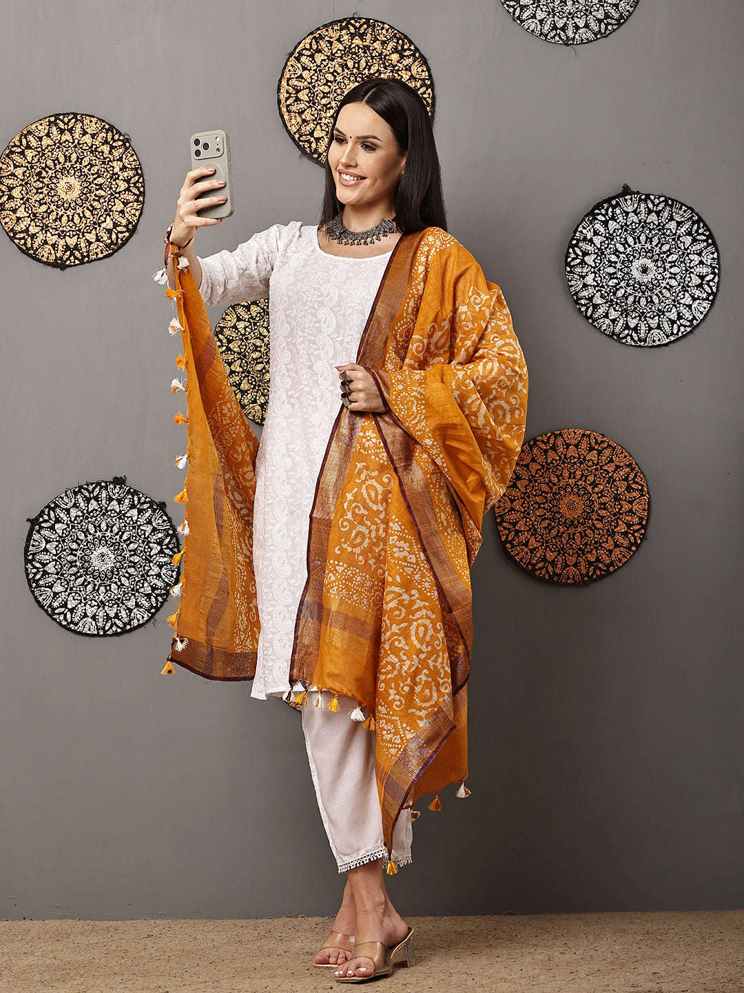 Dupatta-Cotton Batik -Mustard Yellow + Blue