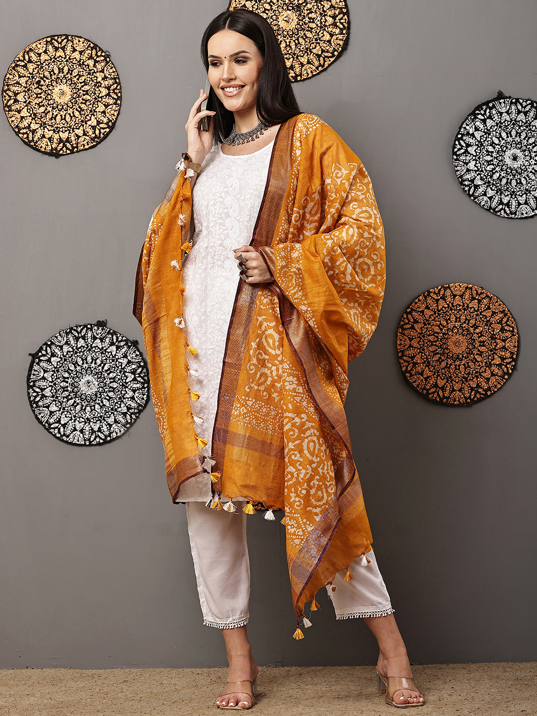 Dupatta-Cotton Batik -Mustard Yellow + Blue