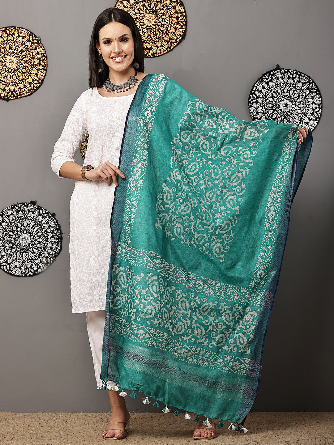 Dupatta-Cotton Batik -Sea Green + Blue