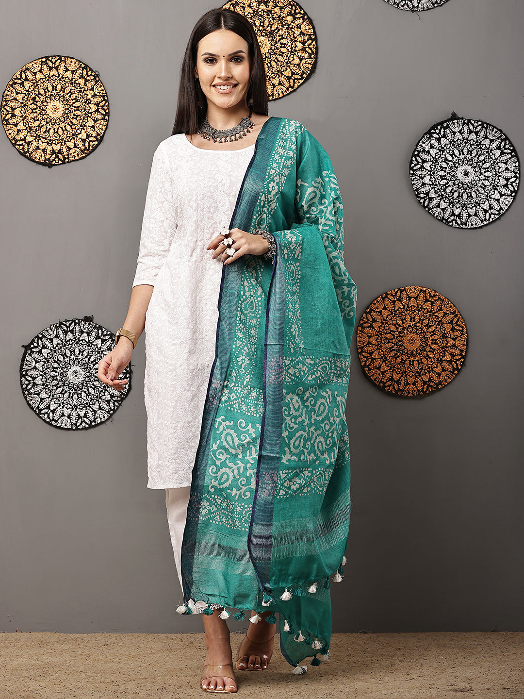 Dupatta-Cotton Batik -Sea Green + Blue