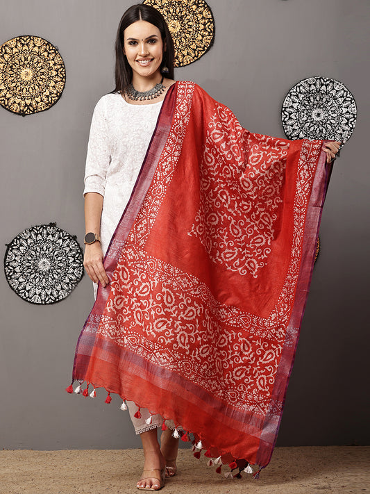 Dupatta-Cotton Batik - Red + Purple