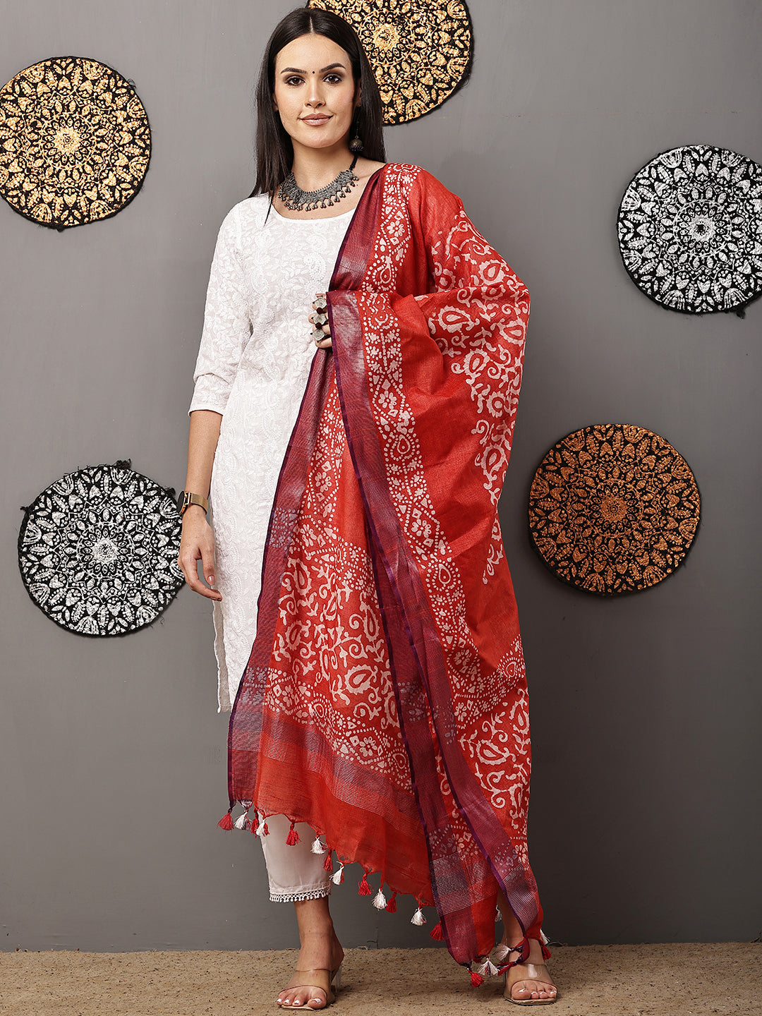 Dupatta-Cotton Batik - Red + Purple