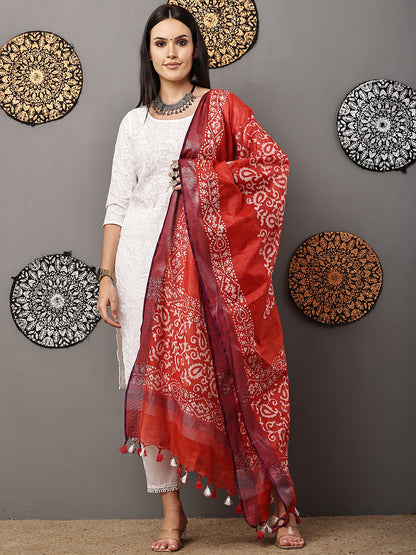 Dupatta-Cotton Batik - Red + Purple