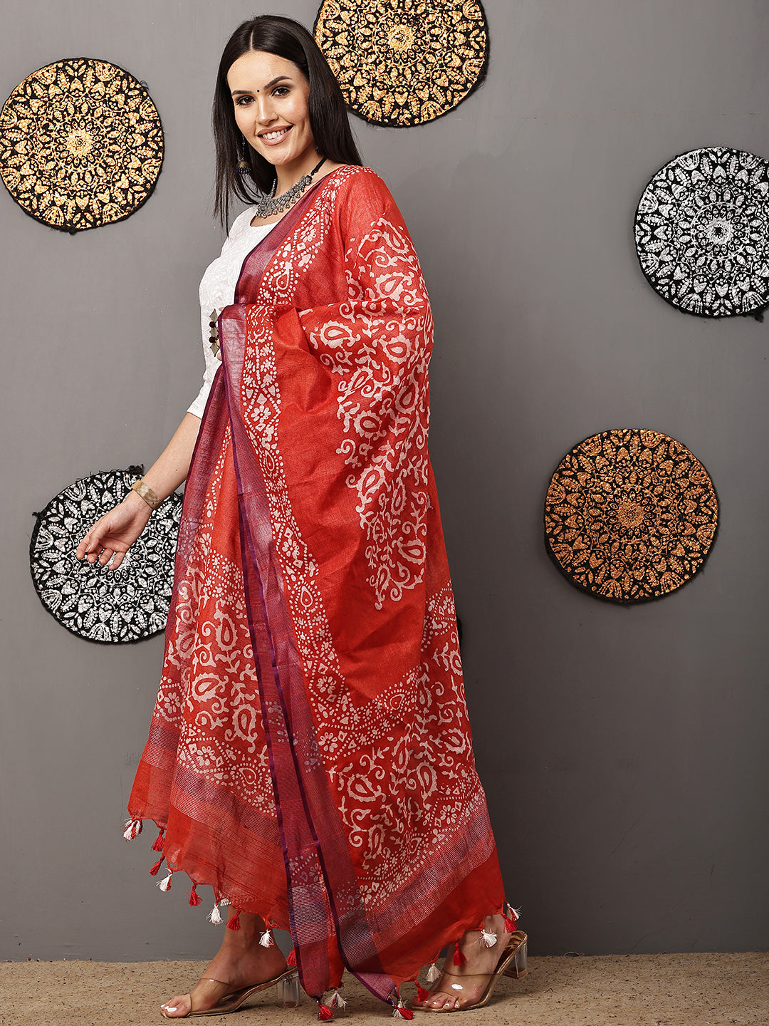 Dupatta-Cotton Batik - Red + Purple
