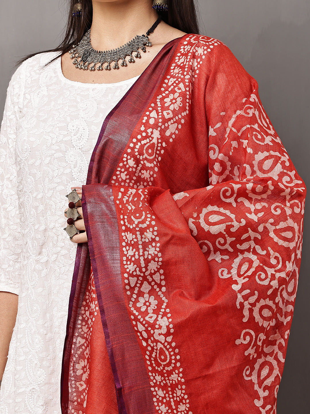 Dupatta-Cotton Batik - Red + Purple