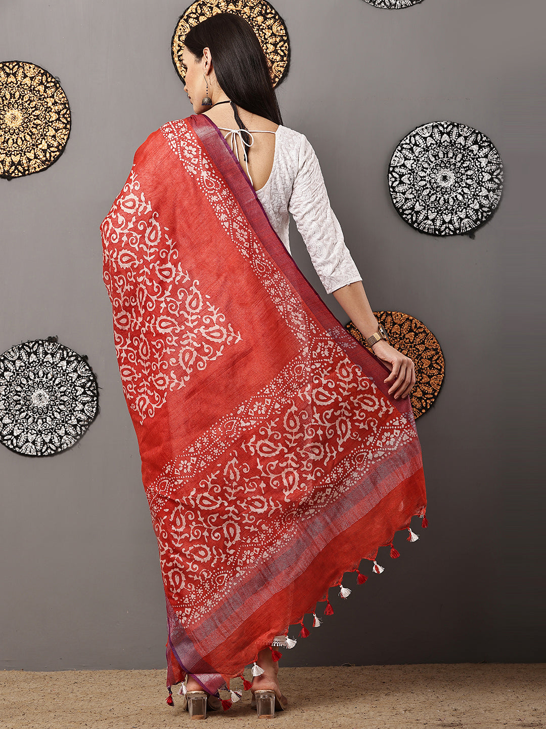 Dupatta-Cotton Batik - Red + Purple