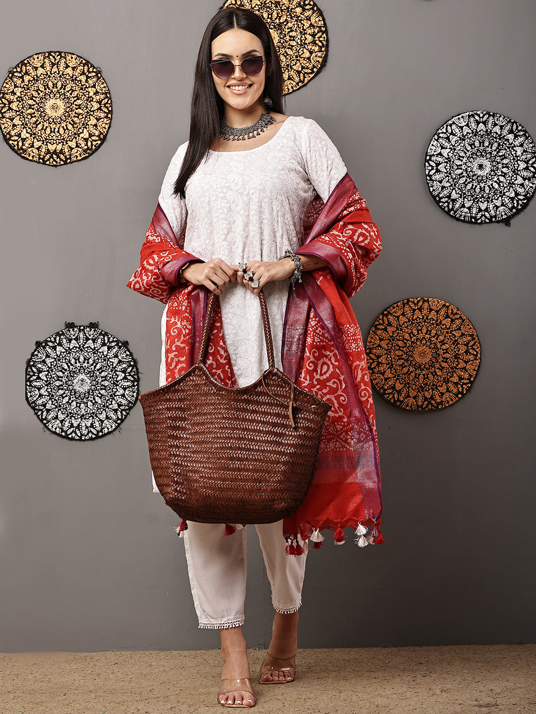 Dupatta-Cotton Batik - Red + Purple