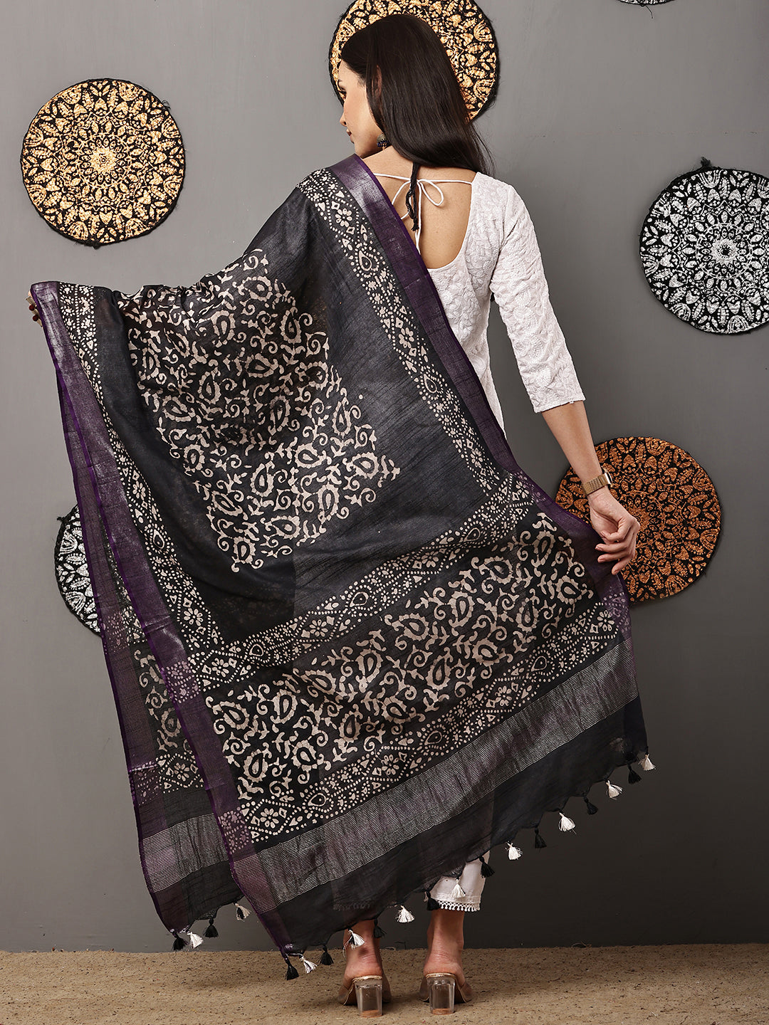 Dupatta-Cotton Batik -Black+ Blue