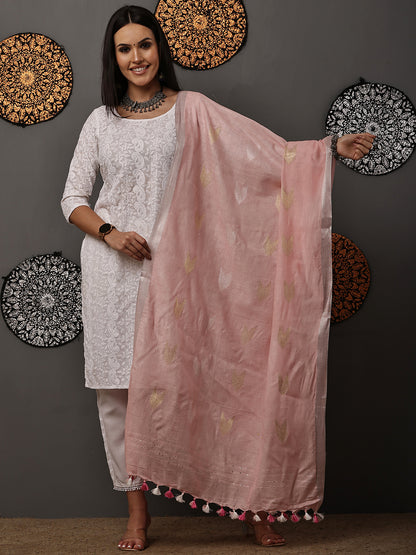 Dupatta-Cotton Zari Ikkat Buta - Baby Pink