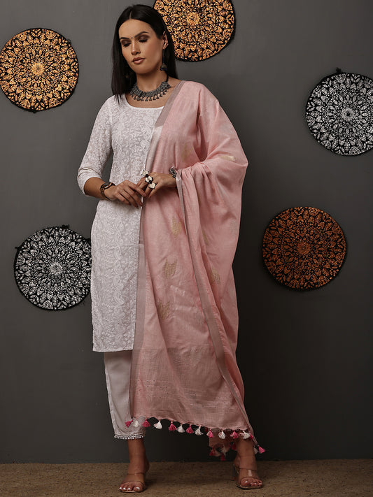 Dupatta-Cotton Zari Ikkat Buta - Baby Pink