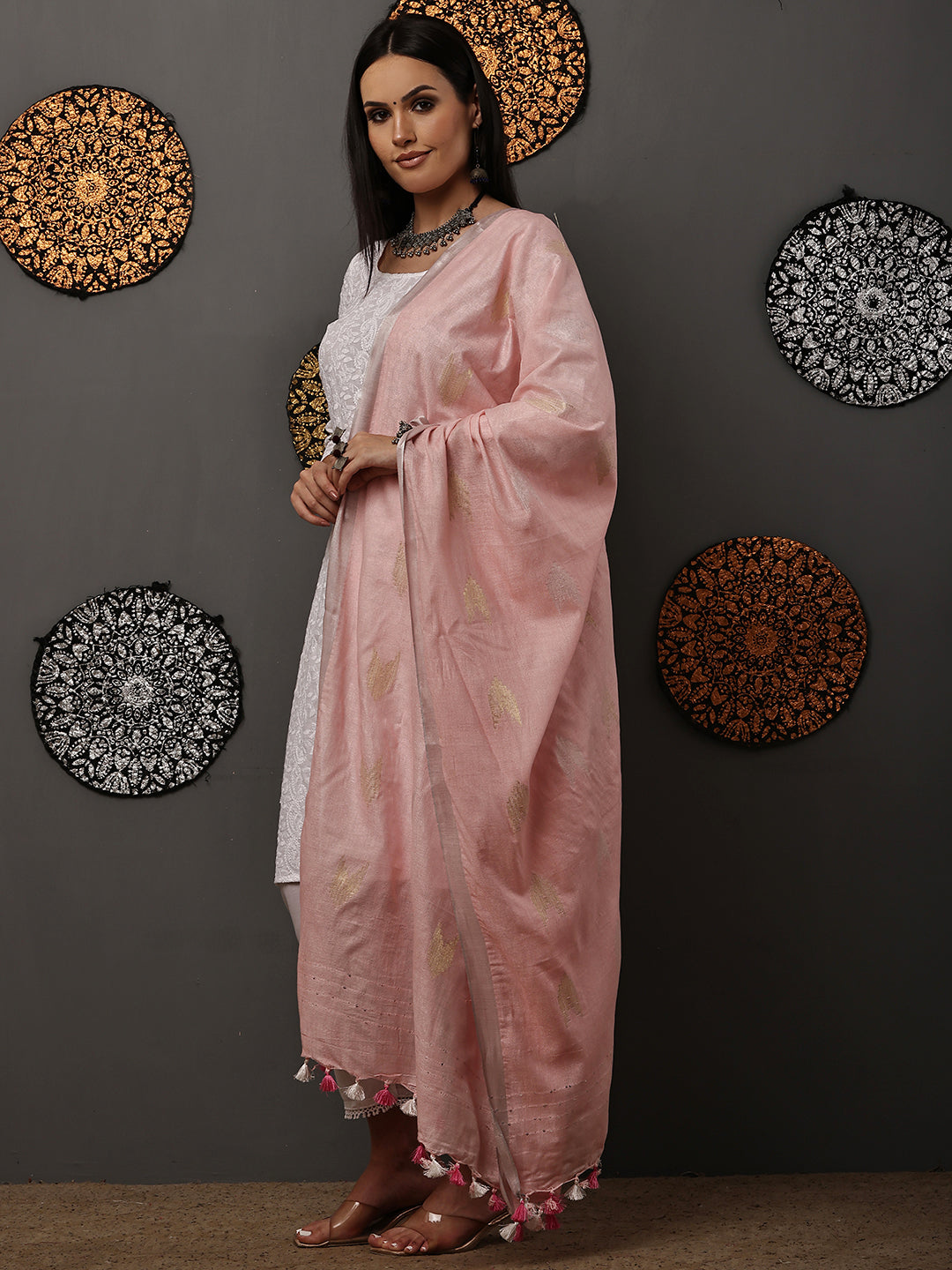 Dupatta-Cotton Zari Ikkat Buta - Baby Pink