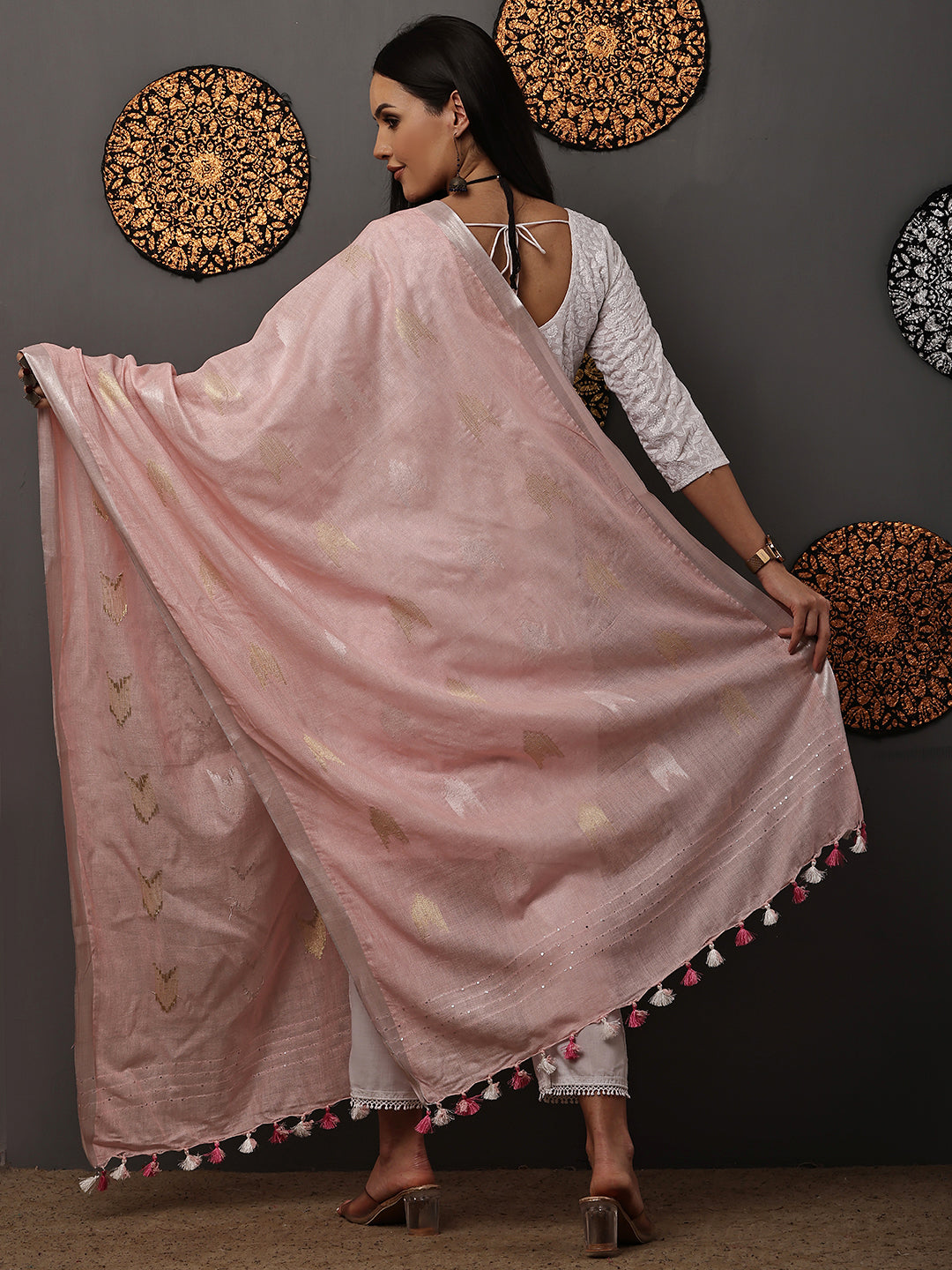 Dupatta-Cotton Zari Ikkat Buta - Baby Pink
