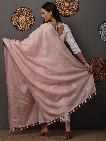 Dupatta-Cotton Zari Ikkat Buta - Baby Pink