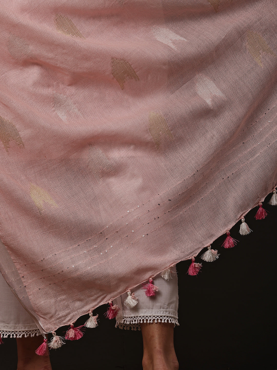 Dupatta-Cotton Zari Ikkat Buta - Baby Pink