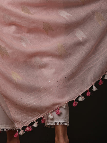 Dupatta-Cotton Zari Ikkat Buta - Baby Pink