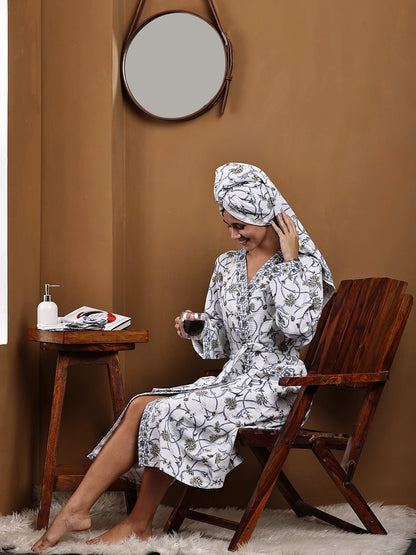 Luxury Waffle Cotton Bathrobe & Towel Gift Set – Handblock Print- Mughal Buta