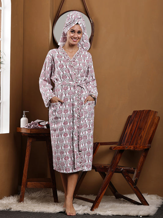 Luxury Waffle Cotton Bathrobe & Towel Gift Set – Handblock Print- Pink Flora