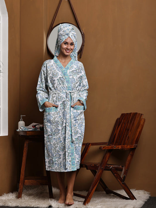 Luxury Waffle Cotton Bathrobe & Towel Gift Set – Handblock Print- Green Tropical