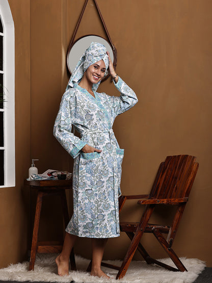 Luxury Waffle Cotton Bathrobe & Towel Gift Set – Handblock Print- Green Tropical