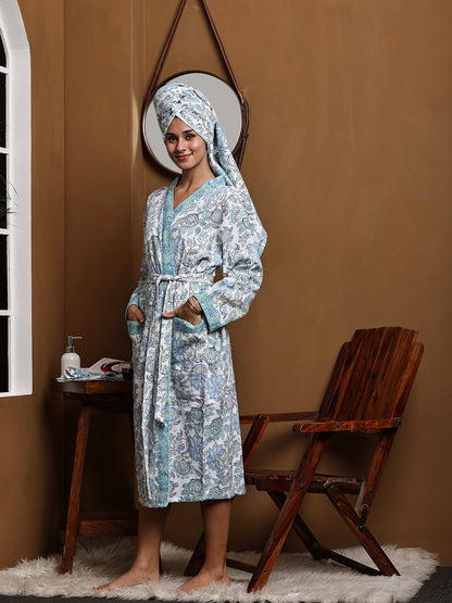 Luxury Waffle Cotton Bathrobe & Towel Gift Set – Handblock Print- Green Tropical