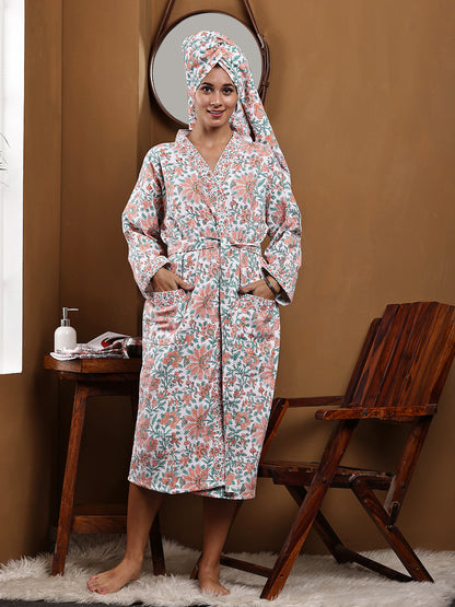 Luxury Waffle Cotton Bathrobe & Towel Gift Set – Handblock Print- Orange Bloom