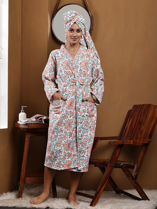 Luxury Waffle Cotton Bathrobe & Towel Gift Set – Handblock Print- Orange Bloom