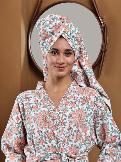 Luxury Waffle Cotton Bathrobe & Towel Gift Set – Handblock Print- Orange Bloom