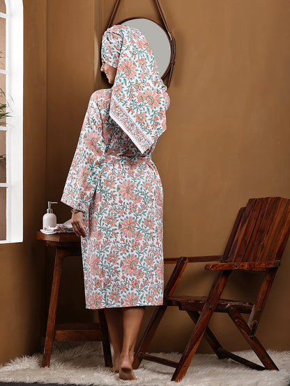 Luxury Waffle Cotton Bathrobe & Towel Gift Set – Handblock Print- Orange Bloom