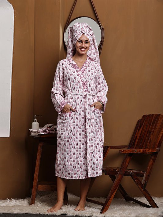 Luxury Waffle Cotton Bathrobe & Towel Gift Set – Handblock Print- Red Leaf