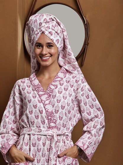 Luxury Waffle Cotton Bathrobe & Towel Gift Set – Handblock Print- Red Leaf