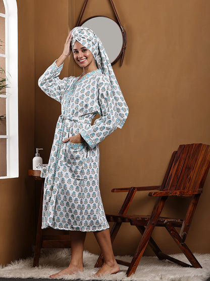 Luxury Waffle Cotton Bathrobe & Towel Gift Set – Handblock Print- Blue Tulip