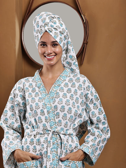 Luxury Waffle Cotton Bathrobe & Towel Gift Set – Handblock Print- Blue Tulip