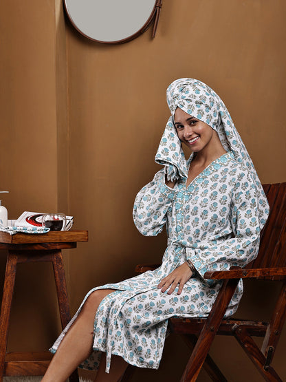 Luxury Waffle Cotton Bathrobe & Towel Gift Set – Handblock Print- Blue Tulip