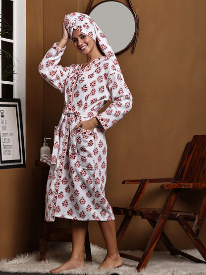 Luxury Waffle Cotton Bathrobe & Towel Gift Set – Handblock Print- Red Paisley