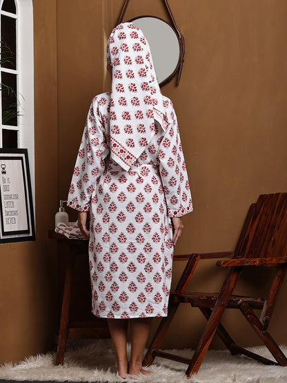Luxury Waffle Cotton Bathrobe & Towel Gift Set – Handblock Print- Red Paisley