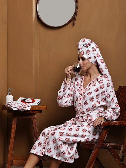 Luxury Waffle Cotton Bathrobe & Towel Gift Set – Handblock Print- Red Paisley