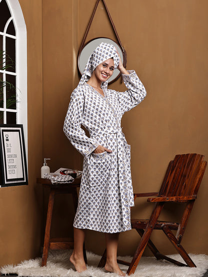 Luxury Waffle Cotton Bathrobe & Towel Gift Set – Handblock Print- Mughal Mini Buti