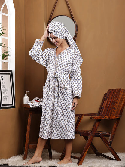 Luxury Waffle Cotton Bathrobe & Towel Gift Set – Handblock Print- Mughal Mini Buti