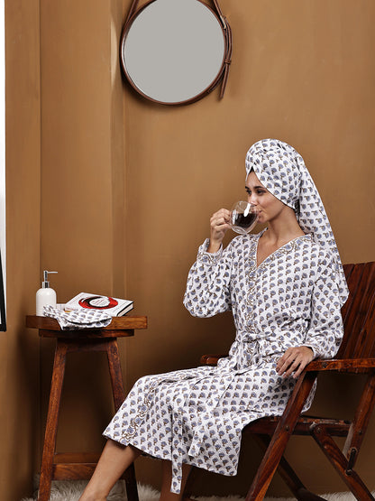 Luxury Waffle Cotton Bathrobe & Towel Gift Set – Handblock Print- Mughal Mini Buti