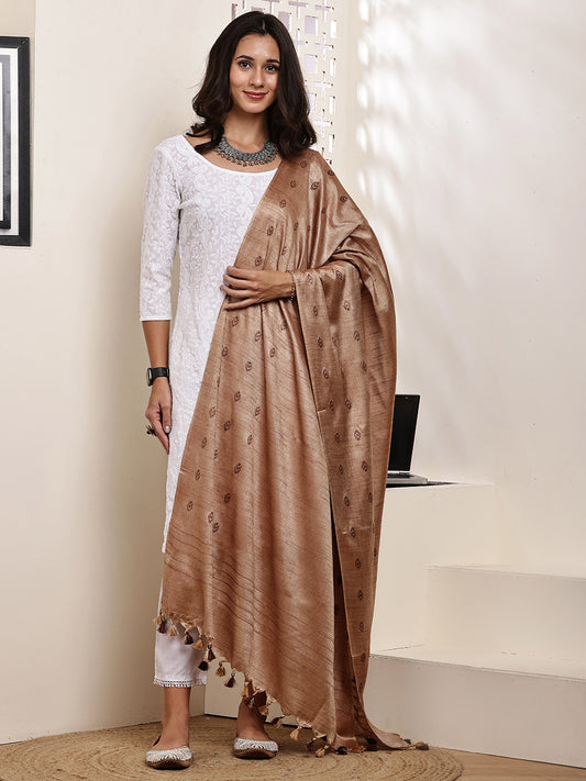 Dupatta-Cotton Silk - Copper Brown Border Buti