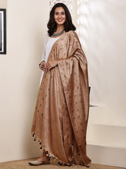 Dupatta-Cotton Silk - Copper Brown Border Buti