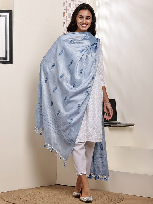 Dupatta-Cotton Silk - Blue All Over Buti